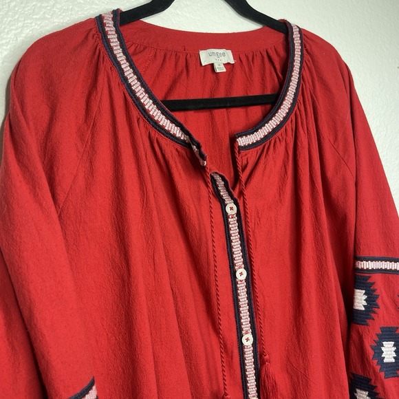 Umgee Women's Boho Peasant Embroidered Shirt Dress Red Balloon Sleeve Red Size M - Picture 9 of 13
